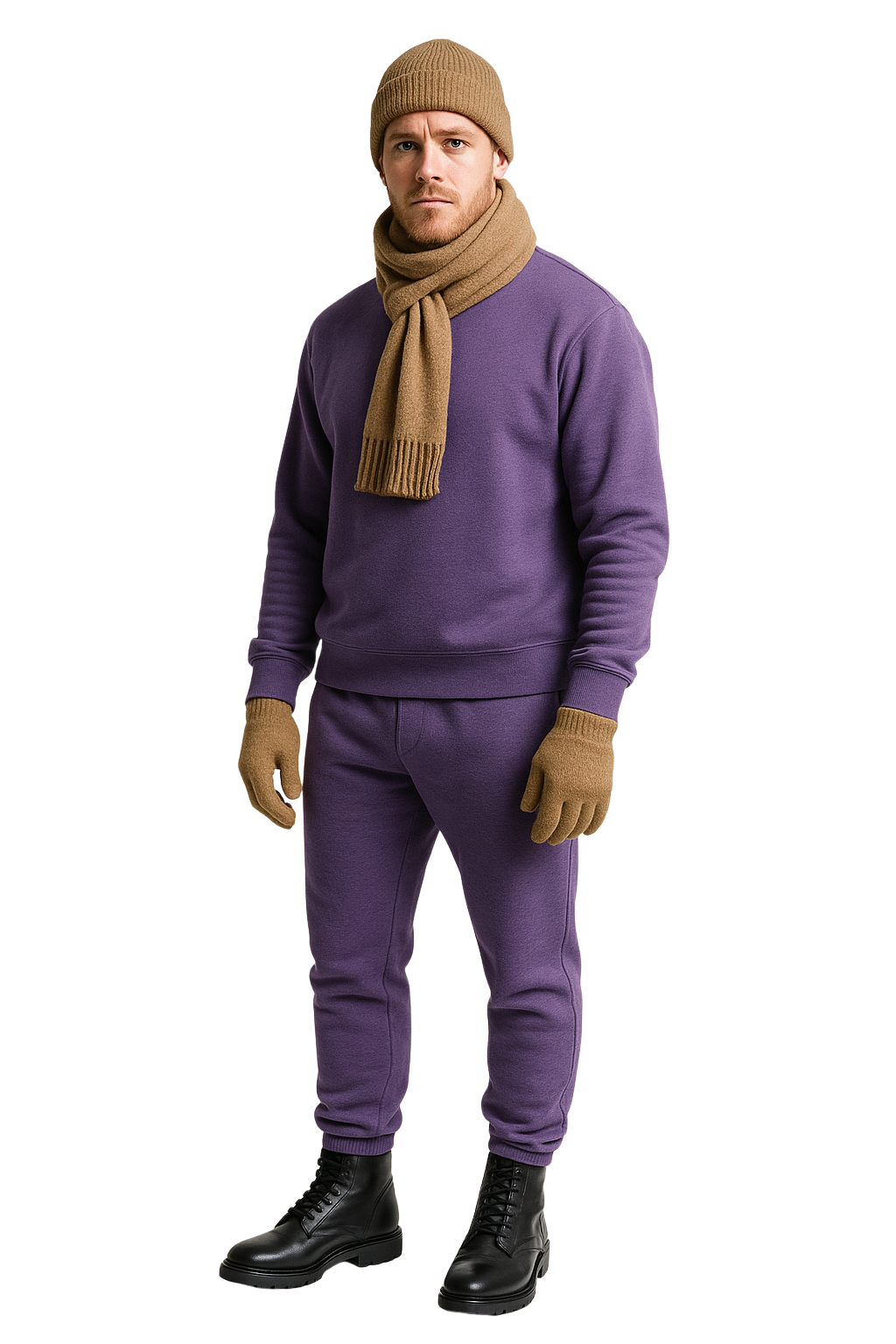 Wool Hat, Scarf, Gloves and Sweatsuit Set (Purple Sweatsuit & Coyote Hat, Scarf & Glove set