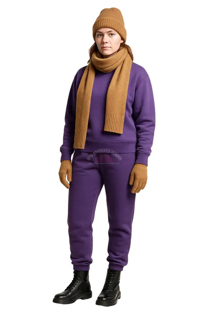 Wool Hat Scarf Gloves and Sweatsuit Set (Purple Sweatsuit & Coyote Brown Hat Scarf & Glove set Sweatsuit w/Hat Scarf &