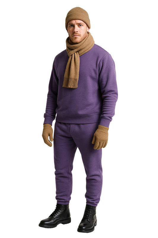 Wool Hat, Scarf, Gloves and Sweatsuit Set (Purple Sweatsuit & Coyote Hat, Scarf & Glove set