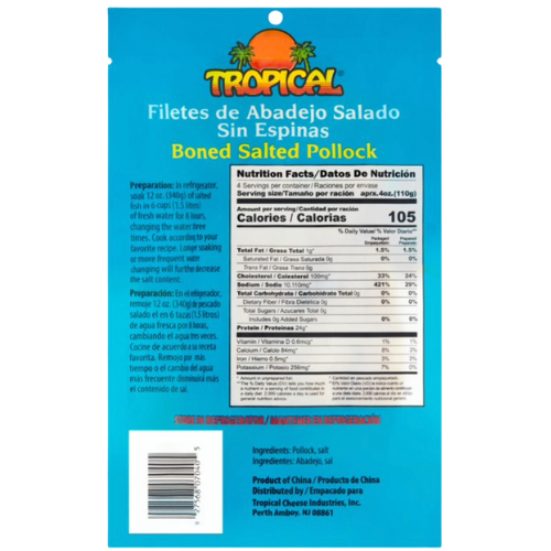 Tropical Boned Salted Pollock Fillets (Abadejo Salado) 12oz, Wild Caught