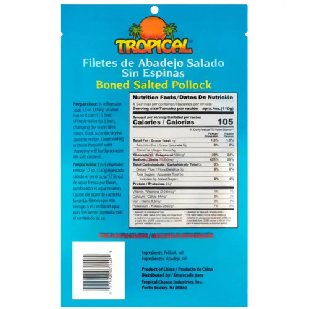Tropical Boned Salted Pollock Fillets (Abadejo Salado) 12oz Wild Caught Fish