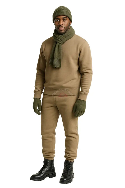 Wool Hat Scarf Gloves and Sweatsuit Set (Beige Sweatsuit & Green Hat Scarf & Glove set Black Hat / Black Scarf / Black