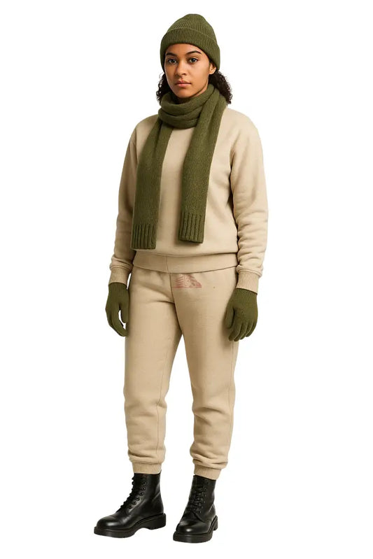 Wool Hat Scarf Gloves and Sweatsuit Set (Beige Sweatsuit & Green Hat Scarf & Glove set Black Hat / Black Scarf / Black