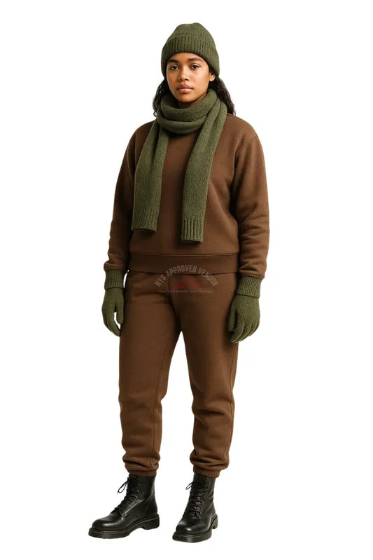 Wool Hat Scarf Gloves and Sweatsuit Set (Brown Sweatsuit & Green Hat Scarf & Glove set Black Hat / Black Scarf / Black