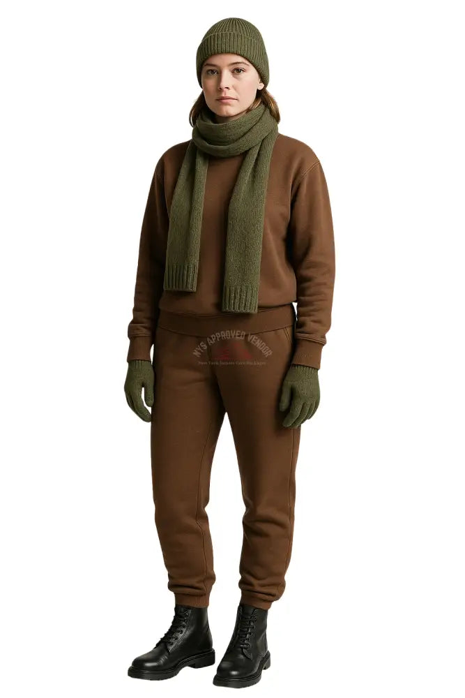 Wool Hat Scarf Gloves and Sweatsuit Set (Brown Sweatsuit & Moss Green Hat Scarf & Glove set Sweatsuit w/Hat Scarf &