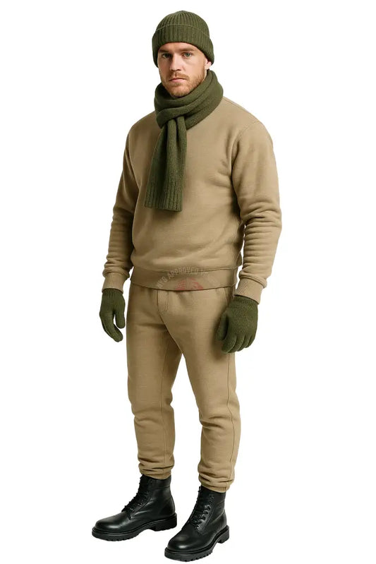 Wool Hat Scarf Gloves and Sweatsuit Set (Khaki Sweatsuit & Moss Green Hat Scarf & Glove set Black Hat / Black Scarf