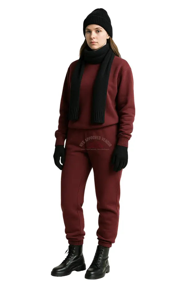 Wool Hat Scarf Gloves and Sweatsuit Set (Maroon Sweatsuit & Black Hat Scarf & Glove set Moss Green Hat / Moss Green