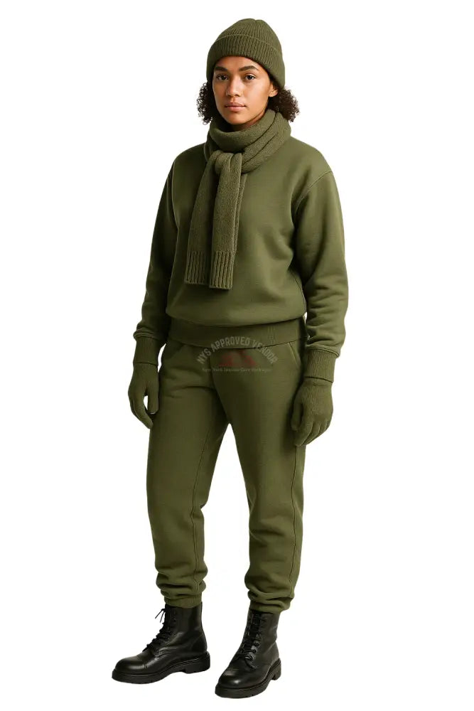 Wool Hat Scarf Gloves and Sweatsuit Set (Olive Green Sweatsuit & Moss Green Hat Scarf & Glove set Black Hat / Black