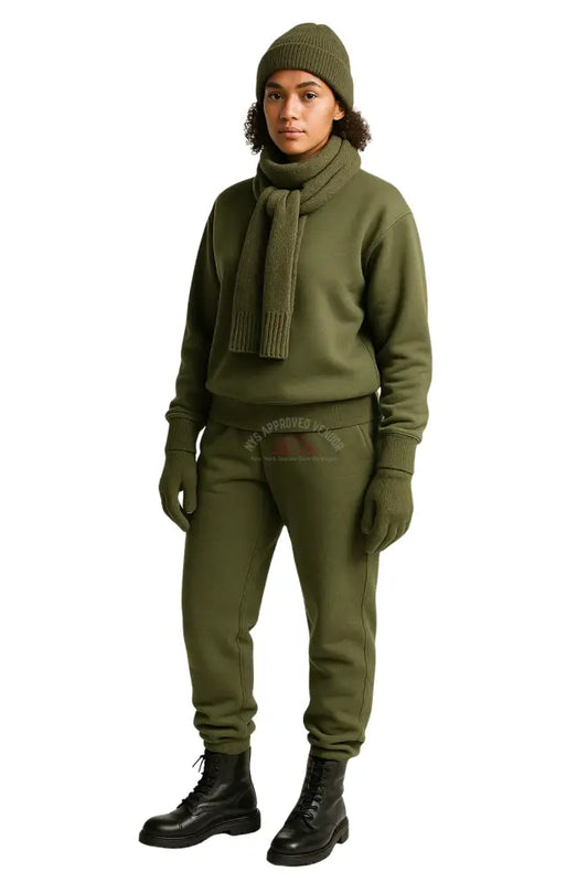 Wool Hat Scarf Gloves and Sweatsuit Set (Olive Green Sweatsuit & Moss Green Hat Scarf & Glove set Black Hat / Black