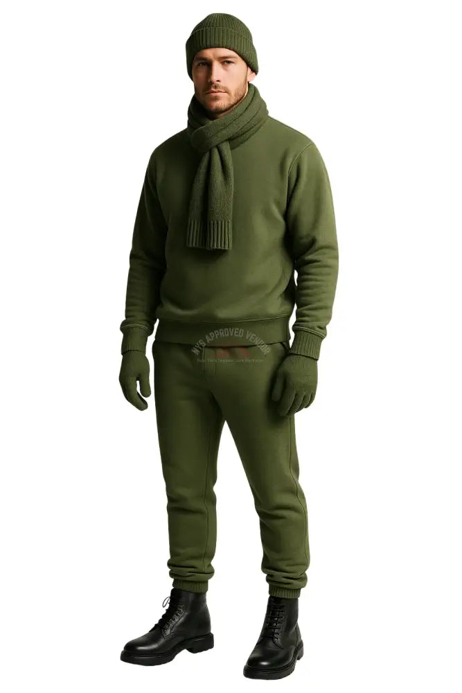 Wool Hat Scarf Gloves and Sweatsuit Set (Olive Green Sweatsuit & Moss Green Hat Scarf & Glove set Black Hat / Black