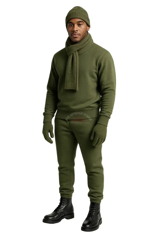 Wool Hat Scarf Gloves and Sweatsuit Set (Olive Green Sweatsuit & Moss Green Hat Scarf & Glove set Black Hat / Black Hat