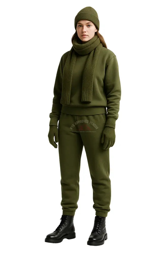 Wool Hat Scarf Gloves and Sweatsuit Set (Olive Green Sweatsuit & Moss Green Hat Scarf & Glove set Black Hat / Black