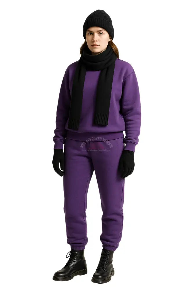 Wool Hat Scarf Gloves and Sweatsuit Set (Purple Sweatsuit & Black Hat Scarf & Glove set Moss Green Hat / Moss Green