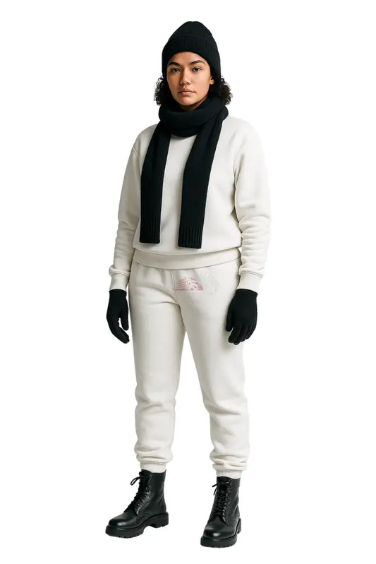 Wool Hat Scarf Gloves and Sweatsuit Set (White Sweatsuit & Black Hat Scarf & Glove set Moss Green Hat / Moss Green