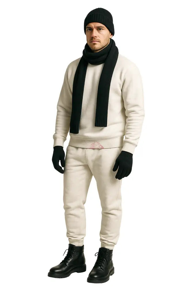 Wool Hat Scarf Gloves and Sweatsuit Set (White Sweatsuit & Black Hat Scarf & Glove set Sweatsuit w/Hat Scarf & Gloves